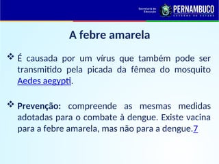 A febre amarela
 É causada por um vírus que também pode ser
transmitido pela picada da fêmea do mosquito
Aedes aegypti.
 Prevenção: compreende as mesmas medidas
adotadas para o combate à dengue. Existe vacina
para a febre amarela, mas não para a dengue.7
 