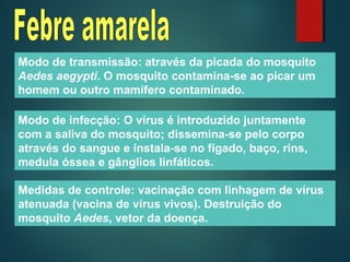 Modo de transmissão: através da picada do mosquito
Aedes aegypti. O mosquito contamina-se ao picar um
homem ou outro mamífero contaminado.
Modo de infecção: O vírus é introduzido juntamente
com a saliva do mosquito; dissemina-se pelo corpo
através do sangue e instala-se no fígado, baço, rins,
medula óssea e gânglios linfáticos.
Medidas de controle: vacinação com linhagem de vírus
atenuada (vacina de vírus vivos). Destruição do
mosquito Aedes, vetor da doença.
 