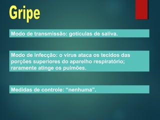 Modo de transmissão: gotículas de saliva.
Modo de infecção: o vírus ataca os tecidos das
porções superiores do aparelho respiratório;
raramente atinge os pulmões.
Medidas de controle: “nenhuma”.
 