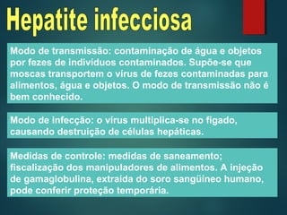 Modo de transmissão: contaminação de água e objetos
por fezes de indivíduos contaminados. Supõe-se que
moscas transportem o vírus de fezes contaminadas para
alimentos, água e objetos. O modo de transmissão não é
bem conhecido.
Modo de infecção: o vírus multiplica-se no fígado,
causando destruição de células hepáticas.
Medidas de controle: medidas de saneamento;
fiscalização dos manipuladores de alimentos. A injeção
de gamaglobulina, extraída do soro sangüíneo humano,
pode conferir proteção temporária.
 