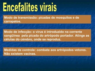 Encefalites virais Modo de transmissão: picadas de mosquitos e de carrapatos. Modo de infecção: o vírus é introduzido na corrente sangüínea  pela picada do artrópodo portador. Atinge as células do cérebro, onde se reproduz. Medidas de controle: combate aos artrópodos vetores. Não existem vacinas. 