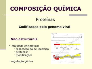 COMPOSIÇÃO QUÍMICA
Proteínas
Codificadas pelo genoma viral
Não estruturais
- atividade enzimática:
- replicação do ác. nucléico
- proteólise
- modificações
- regulação gênica
 