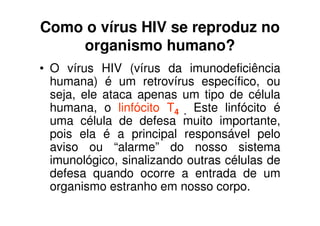 Como o vírus HIV se reproduz no
    organismo humano?
• O vírus HIV (vírus da imunodeficiência
  humana) é um retrovírus específico, ou
  seja, ele ataca apenas um tipo de célula
  humana, o linfócito T4 . Este linfócito é
  uma célula de defesa muito importante,
  pois ela é a principal responsável pelo
  aviso ou “alarme” do nosso sistema
  imunológico, sinalizando outras células de
  defesa quando ocorre a entrada de um
  organismo estranho em nosso corpo.
 
