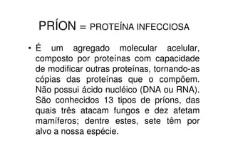PRÍON = PROTEÍNA INFECCIOSA
• É um agregado molecular acelular,
  composto por proteínas com capacidade
  de modificar outras proteínas, tornando-as
  cópias das proteínas que o compõem.
  Não possui ácido nucléico (DNA ou RNA).
  São conhecidos 13 tipos de príons, das
  quais três atacam fungos e dez afetam
  mamíferos; dentre estes, sete têm por
  alvo a nossa espécie.
 