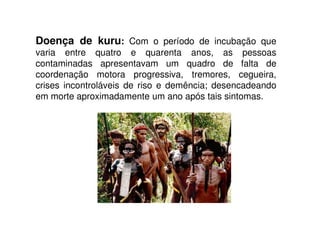 Doença de kuru: Com o período de incubação que
varia entre quatro e quarenta anos, as pessoas
contaminadas apresentavam um quadro de falta de
coordenação motora progressiva, tremores, cegueira,
crises incontroláveis de riso e demência; desencadeando
em morte aproximadamente um ano após tais sintomas.
 