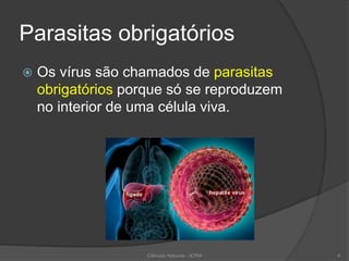 Parasitas obrigatórios
 Os vírus são chamados de parasitas
obrigatórios porque só se reproduzem
no interior de uma célula viva.
Ciências Naturais - ICRM 6
 