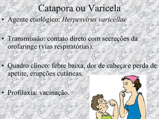 Catapora ou Varicela Agente etiológico:  Herpesvirus varicellae Transmissão: contato direto com secreções da orofaringe (vias respiratórias).  Quadro clínco: febre baixa, dor de cabeça e perda de apetite, erupções cutâneas. Profilaxia: vacinação. 