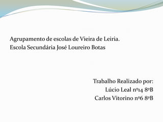 Agrupamento de escolas de Vieira de Leiria.Escola Secundária José Loureiro BotasTrabalho Realizado por:Lúcio Leal nº14 8ºBCarlos Vitorino nº6 8ºB
