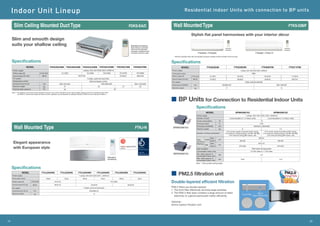 Indoor Unit Lineup
19 20
Residential indoor Units with connection to BP units
(A)
FDKS60CVMB
FDKS50CVMB
FDKS35CAVMB
FDKS25CAVMB
FDKS35EAVMB
FDKS25EAVMB
9.5 (335) 10.0 (353) 12.0 (424) 16.0 (565)
37/33/31 38/34/32
27 30
MODEL
1-phase, 220-240 V/220-230 V, 50/60 Hz
Power supply
External static pressure
5 steps, quiet and automatic
Fan speed
Microcomputer control
Temperature control
35/31/29
40
30
Sound levels (H/L/SL)* dB (A)
21 25
Machine weight kg
200×700×620 200×900×620 200×1,100×620
Dimensions (H×W×D) mm
Pa
8.7 (307)
Airflow rates (H)
Note: * The operation sound level values represent those for rear-suction operation and an external static pressure of 30 Pa for FDKS-EA and 40 Pa
for FDKS-C. Sound level values for bottom-suction operation can be obtained by adding 6 dB (A) for FDKS-EA and 5 dB (A) for FDKS-C.
Specifications
m3
/min (cfm)
Slim Ceiling Mounted DuctType
Slim and smooth design
suits your shallow ceiling Standard accessory
Note: Remote controllers
other than the standard
accessory wireless remote
controller cannot be used.
FDKS-EA/C
Wall Mounted Type FTKJ-N
Standard
accessory
12
Machine weight kg
303x998x212
Dimensions (H×W×D) mm
FTKJ25NVMW FTKJ25NVMS FTKJ35NVMW FTKJ35NVMS FTKJ50NVMW FTKJ50NVMS
10.9 (385)
46/35/29
MODEL
1-phase, 220-240 V/220-230 V , 50/60 Hz
Power supply
White Silver White Silver White Silver
Front panel colour
5 steps, quiet and automatic
Fan speed
Sound levels (H/L/SL) dB (A)
8.9 (313)
45/26/20
38/25/19
Airflow rates (H) m/min(cfm)
Specifications
Elegant appearance
with European style
BPMKS967A2
BPMKS967A3
1-phase, 220-240 V/220-230 V, 50/60 Hz
BPMKS967A2
BPMKS967A3
MODEL
Power supply
3 (connectable to 1-3 indoor units) 2 (connectable to 1-2 indoor units)
Number of ports
0.05
3 for power supply (including earth wiring),
2 for interunit wiring (outdoor unit-BP, BP-BP),
4 for interunit wiring (BP-indoor unit)
2 for power supply (including earth wiring),
2 for interunit wiring (outdoor unit-BP, BP-BP),
3 for interunit wiring (BP-indoor unit)
Number of wiring connections
Ø9.5X1
Ø19.1X1
Liquid
Gas
mm
mm
Piping
connections
(Brazing)
Both liquid and gas pipes
Heat insulation
2.0 kW class to 7.1 kW class
Connectable indoor units
Running current A
2.0
Min. rated capacity of
connectable indoor units
kW
180X294 (+356*)X350
Dimensions (HXWXD) mm
8
Machine weight kg
10
Power consumption W
Note: * Total auxiliary piping length.
7.5
Max. rated capacity of
connectable indoor units
kW 20.8 14.2
Ø6.4X3 Ø6.4X2
Ø15.9X3 Ø15.9X2
Main
Branch
Main
Branch
Specifications
BP Units for Connection to Residential Indoor Units
Wall MountedType FTKS-D/B/F
Stylish flat panel harmonises with your interior décor
FTKS25D / FTKS35D
Standard
accessory*
Standard
accessory*
FTKS60F / FTKS71F
MODEL
Airflow rates (H)
Power supply
Front panel colour
Sound levels (H/L/SL)
m3
/min (cfm)
dB (A)
Fan speed
Dimensions (HXWXD)
Machine weight
mm
kg
FTKS25DVM FTKS35DVM FTKS60FVM FTKS71FVM
White
1-phase, 220-240 V/220-230 V, 50/60 Hz
17.4 (614)
16.2 (572)
8.9 (314)
8.7 (307)
46/37/34
45/36/33
39/26/23
37/25/22
5 steps, quiet and automatic
12
290X1,050X238
9
283X800X195
Specifications
* Remote controllers other than the standard accessory wireless remote controller cannot be used.
PM2.5 filtration unit
Double-layered efficient filtration
Front Filter
Highly Efficient Filter
PM2.5 filters are double-layered.
1. The front filter effectively removes large particles.
2. The PM2.5 filter layer contains a large amount of static
electricity to capture particulate matter efficiently.
Optional :
Active Carbon Fltration Unit
 