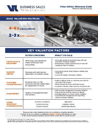 BASIC VALUATION MULTIPLES
Value Advisor Reference Guide
Millwork Manufacturing
KEY VALUATION FACTORS
BUYER CONCERNS IMPACT ON SALE
TECHNOLOGY &
EQUIPMENT
MARKETS
SERVED
CUSTOMER
CONCENTRATION
MANAGEMENT
Technology and equipment
impact production and
productivity.
Revenues and earnings are
dependent on markets served.
Revenues rely on a few
customers and key relationships
are dependent on owner.
Quality of management team
and systems.
• Up-to-date equipment and technology with high
automation increases multiples
• Extraordinary CapEx investments post sale will
negatively impact multiples
• Commercial clients obtain higher multiples than
residential
• Low proﬁt margins decrease multiples
• Higher multiples when no customer accounts for
more than 10% of sales
• Deferred payment terms and fewer buyers
• Long-term contracts offset concerns of customer loss
• Well-rounded management increases multiples
• Deep technical staff will enhance multiples
• Overdependence on owners lowers multiples
• Good ﬁnancial management and reporting
systems increase multiples
Economic Conditions
Customer Service
Revenue Growth
Reputation
Industries Served
Capital Expenditures
OTHER
IMPORTANT
CONSIDERATIONS
4-6xAdjusted EBITDA1
2 -3 xSDE2
+ Inventory
These are only a few variables and do not constitute a complete valuation.
Contact us for a no charge, no obligation Opinion of Value that deﬁnes our view
on the current business valuation and the terms under which it would be sold.
© 2016 Nutmeg Advisory Partners, LLC All rights reserved.
1 Adjusted EBITDA: Earnings Before Interest, Taxes, Depreciation and Amortization where the EBITDA is adjusted for unusual expenses and compensation, then normalized to
align with market based beneﬁts and compensation required to operate the business. 2 SDE: Seller’s Discretionary Earnings is EBITDA plus all owner compensation and beneﬁts.
 