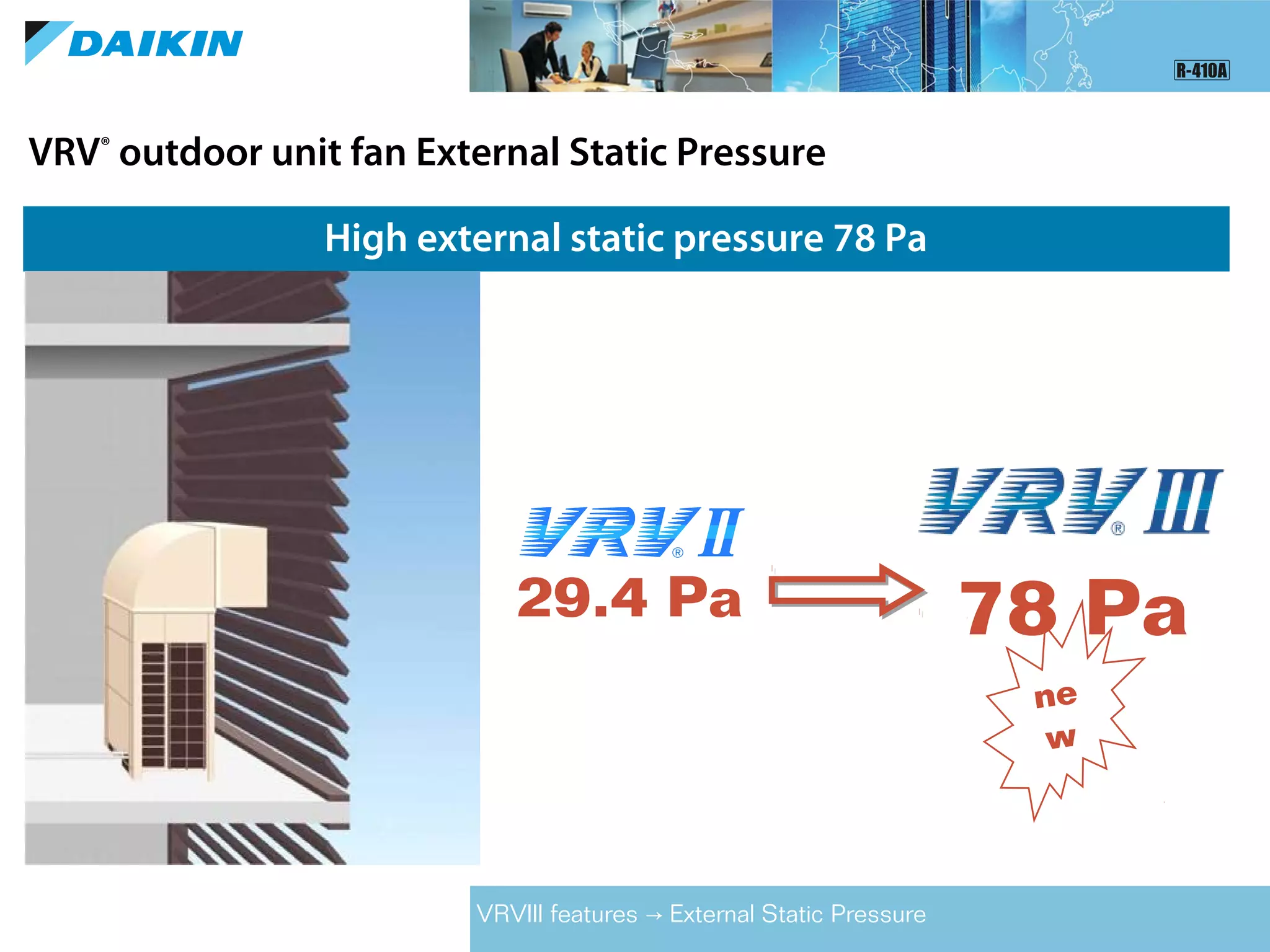 VRV®
outdoor unit fan External Static Pressure
High external static pressure 78 Pa
VRVIII features External Static Pressure→
ne
w
78 Pa29.4 Pa
 