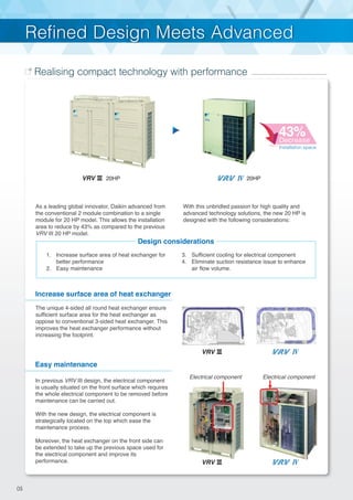 As a leading global innovator, Daikin advanced from
the conventional 2 module combination to a single
module for 20 HP model. This allows the installation
area to reduce by 43% as compared to the previous
VRV III 20 HP model.
With this unbridled passion for high quality and
advanced technology solutions, the new 20 HP is
designed with the following considerations:
05
The unique 4-sided all round heat exchanger ensure
sufficient surface area for the heat exchanger as
oppose to conventional 3-sided heat exchanger. This
improves the heat exchanger performance without
increasing the footprint.
Increase surface area of heat exchanger
Refined Design Meets AdvancedRefined Design Meets Advanced
Realising compact technology with performance
In previous VRV III design, the electrical component
is usually situated on the front surface which requires
the whole electrical component to be removed before
maintenance can be carried out.
With the new design, the electrical component is
strategically located on the top which ease the
maintenance process.
Moreover, the heat exchanger on the front side can
be extended to take up the previous space used for
the electrical component and improve its
performance.
Easy maintenance
Electrical componentElectrical component
Design considerations
1. Increase surface area of heat exchanger for
better performance
2. Easy maintenance
3. Sufficient cooling for electrical component
4. Eliminate suction resistance issue to enhance
air flow volume.
20HP
Installation space
20HP
43%Decrease
VRV
VRV
VRV
 