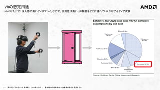13 | 第３回ライブ＆イベント 産業展 | 2016年7月7日 | 最先端VRの技術動向 ～VR業界の進化を予測する～
HMDはただの「没入感の高いディスプレイ」なので、汎用性は高い。体験者をどこに連れていくかはアイディア次第
VRの想定用途
 