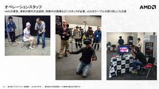 34 | 第３回ライブ＆イベント 産業展 | 2016年7月7日 | 最先端VRの技術動向 ～VR業界の進化を予測する～
HMDの着脱、事前の操作方法説明、体験中の誘導などにスタッフが必要。VIVEはケーブルの取り回しにも注意
オペレーションスタッフ
 