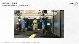 38 | 第３回ライブ＆イベント 産業展 | 2016年7月7日 | 最先端VRの技術動向 ～VR業界の進化を予測する～
許可する場合は動線とブースレイアウトに影響
同行者による撮影
 