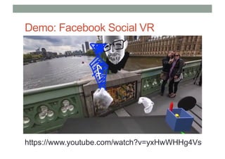 Demo: Facebook Social VR
https://www.youtube.com/watch?v=yxHwWHHg4Vs
 
