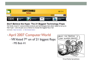 • April 2007 Computer World
• VRVoted 7th on of 21 biggest flops
• MS Bob #1
 