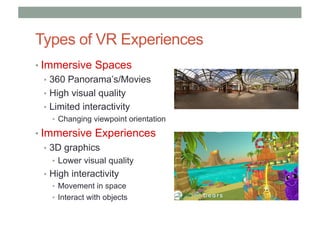 Types of VR Experiences
• Immersive Spaces
• 360 Panorama’s/Movies
• High visual quality
• Limited interactivity
• Changing viewpoint orientation
• Immersive Experiences
• 3D graphics
• Lower visual quality
• High interactivity
• Movement in space
• Interact with objects
 