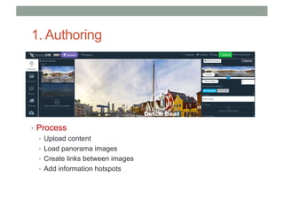 1. Authoring
• Process
• Upload content
• Load panorama images
• Create links between images
• Add information hotspots
 