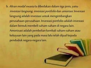 b. AliranmodalswastaIa dibedakan dalam tiga jenis,yaitu
investasilangsung,investasiportfoliodan amortasi.Investasi
langsungadalah investasi untukmengembangkan
perusahaan-perusahaan.Investasiportfolio adalahinvestasi
dalam bentukmembelisaham-sahamdi negara lain.
Amortisasi adalah pembelian kembalisaham-sahamatau
kekayaan lain yang pada masa lalutelahdijual kepada
penduduknegara-negaralain.
 