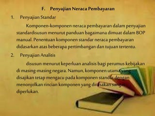 F. PenyajianNeraca Pembayaran
1. PenyajianStandar
Komponen-komponenneraca pembayarandalampenyajian
standardisusun menurutpanduan bagaimanadimuatdalamBOP
manual.Penentuankomponenstandar neraca pembayaran
didasarkanatasbeberapapertimbangandantujuantertentu.
2. PenyajianAnalitis
disusun menurutkeperluananalisisbagiperumus kebijakan
dimasing-masingnegara.Namun,komponenutamayang
disajikantetapmengacupadakomponenstandar dengan
menonjolkanrincian komponenyang dirasakansangat
diperlukan.
 