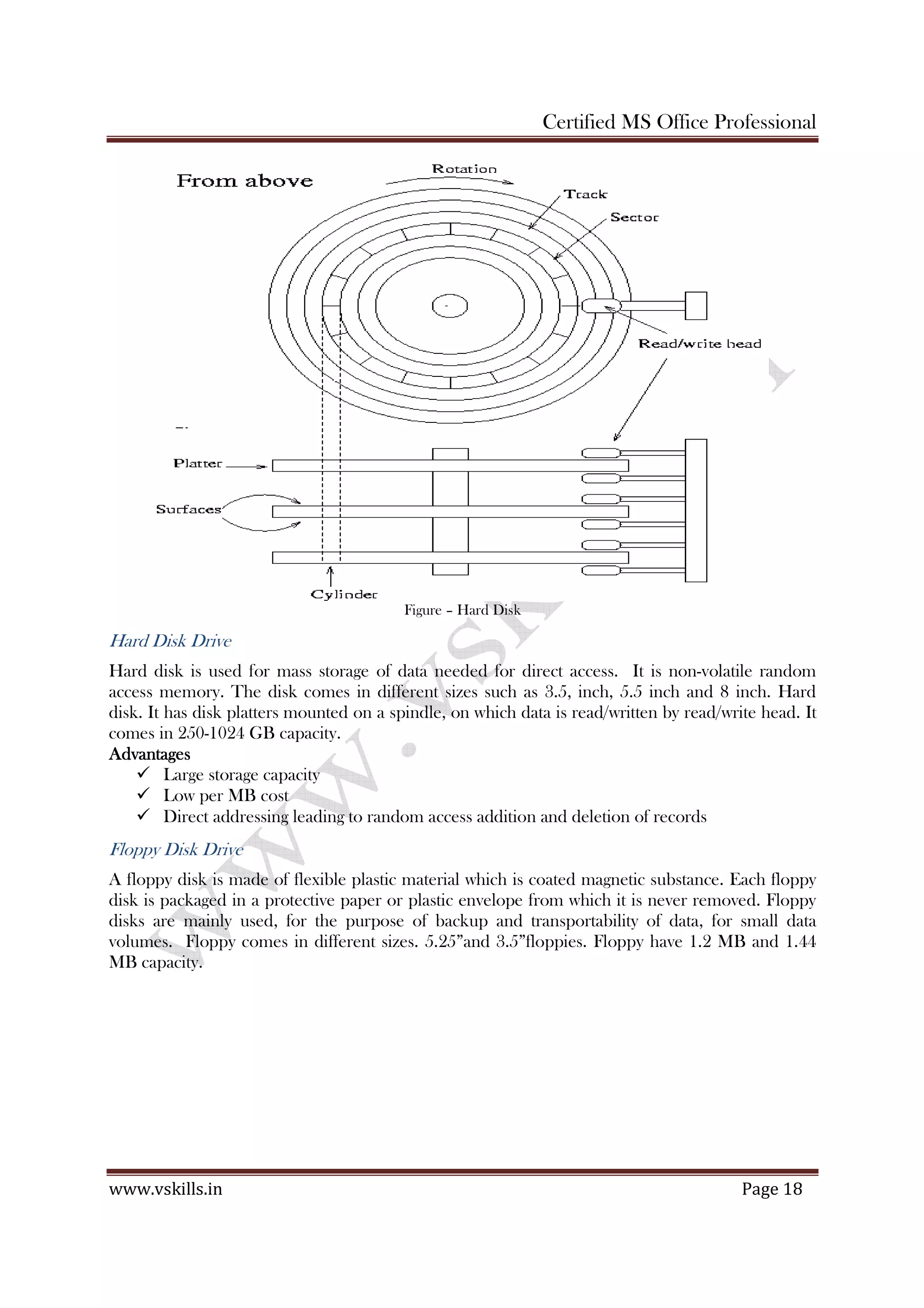 Certified MS Office Professional
www.vskills.in Page 18
Figure – Hard Disk
Hard Disk Drive
Hard disk is used for mass storage of data needed for direct access. It is non-volatile random
access memory. The disk comes in different sizes such as 3.5, inch, 5.5 inch and 8 inch. Hard
disk. It has disk platters mounted on a spindle, on which data is read/written by read/write head. It
comes in 250-1024 GB capacity.
AdvantagesAdvantagesAdvantagesAdvantages
Large storage capacity
Low per MB cost
Direct addressing leading to random access addition and deletion of records
Floppy Disk Drive
A floppy disk is made of flexible plastic material which is coated magnetic substance. Each floppy
disk is packaged in a protective paper or plastic envelope from which it is never removed. Floppy
disks are mainly used, for the purpose of backup and transportability of data, for small data
volumes. Floppy comes in different sizes. 5.25”and 3.5”floppies. Floppy have 1.2 MB and 1.44
MB capacity.
 