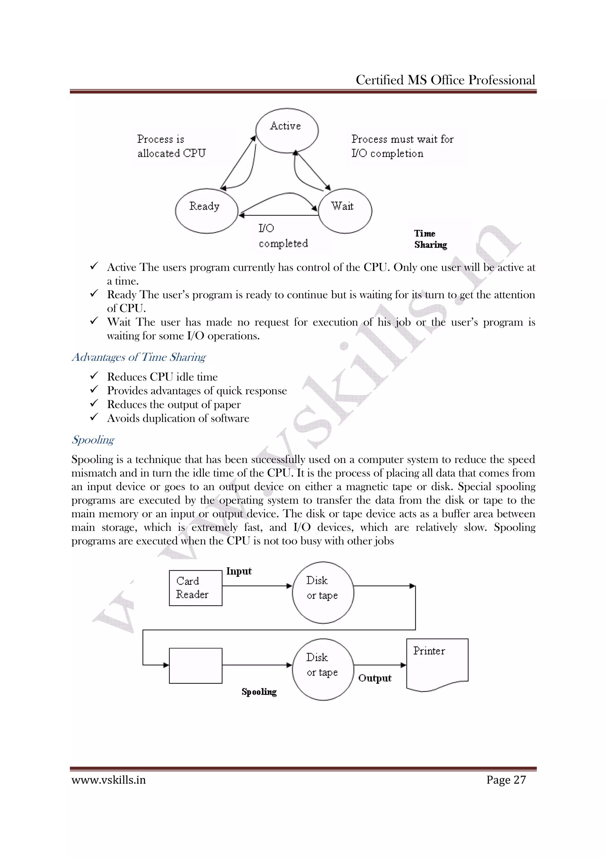 Certified MS Office Professional
www.vskills.in Page 27
Active The users program currently has control of the CPU. Only one user will be active at
a time.
Ready The user’s program is ready to continue but is waiting for its turn to get the attention
of CPU.
Wait The user has made no request for execution of his job or the user’s program is
waiting for some I/O operations.
Advantages of Time Sharing
Reduces CPU idle time
Provides advantages of quick response
Reduces the output of paper
Avoids duplication of software
Spooling
Spooling is a technique that has been successfully used on a computer system to reduce the speed
mismatch and in turn the idle time of the CPU. It is the process of placing all data that comes from
an input device or goes to an output device on either a magnetic tape or disk. Special spooling
programs are executed by the operating system to transfer the data from the disk or tape to the
main memory or an input or output device. The disk or tape device acts as a buffer area between
main storage, which is extremely fast, and I/O devices, which are relatively slow. Spooling
programs are executed when the CPU is not too busy with other jobs
 
