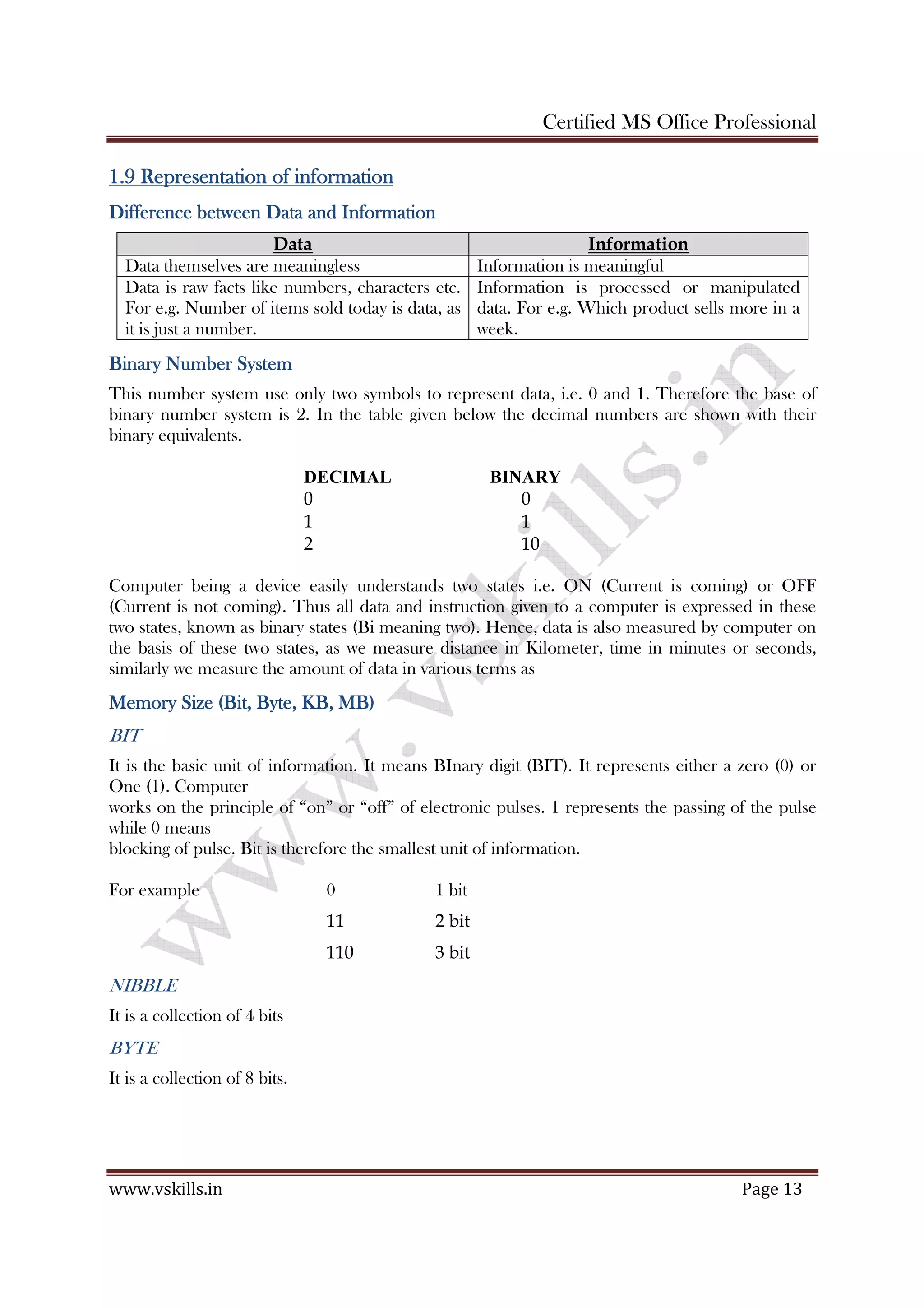 Certified MS Office Professional
www.vskills.in Page 13
1.91.91.91.9 Representation of informationRepresentation of informationRepresentation of informationRepresentation of information
Difference between Data and InformationDifference between Data and InformationDifference between Data and InformationDifference between Data and Information
Data Information
Data themselves are meaningless Information is meaningful
Data is raw facts like numbers, characters etc.
For e.g. Number of items sold today is data, as
it is just a number.
Information is processed or manipulated
data. For e.g. Which product sells more in a
week.
Binary Number SystemBinary Number SystemBinary Number SystemBinary Number System
This number system use only two symbols to represent data, i.e. 0 and 1. Therefore the base of
binary number system is 2. In the table given below the decimal numbers are shown with their
binary equivalents.
DECIMAL BINARY
0 0
1 1
2 10
Computer being a device easily understands two states i.e. ON (Current is coming) or OFF
(Current is not coming). Thus all data and instruction given to a computer is expressed in these
two states, known as binary states (Bi meaning two). Hence, data is also measured by computer on
the basis of these two states, as we measure distance in Kilometer, time in minutes or seconds,
similarly we measure the amount of data in various terms as
Memory Size (Bit, Byte, KB, MB)Memory Size (Bit, Byte, KB, MB)Memory Size (Bit, Byte, KB, MB)Memory Size (Bit, Byte, KB, MB)
BIT
It is the basic unit of information. It means BInary digit (BIT). It represents either a zero (0) or
One (1). Computer
works on the principle of “on” or “off” of electronic pulses. 1 represents the passing of the pulse
while 0 means
blocking of pulse. Bit is therefore the smallest unit of information.
For example 0 1 bit
11 2 bit
110 3 bit
NIBBLE
It is a collection of 4 bits
BYTE
It is a collection of 8 bits.
 