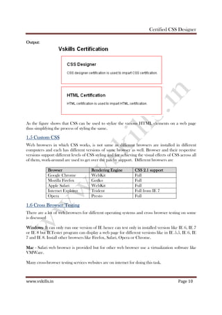 Certified CSS Designer
www.vskills.in Page 10
OutputOutputOutputOutput:
As the figure shows that CSS can be used to stylize the various HTML elements on a web page
thus simplifying the process of styling the same.
1.5 Custom CSS1.5 Custom CSS1.5 Custom CSS1.5 Custom CSS
Web browsers in which CSS works, is not same as different browsers are installed in different
computers and each has different versions of same browser as well. Browser and their respective
versions support different levels of CSS styling and for achieving the visual effects of CSS across all
of them, work-around are used to get over the patchy support. Different browsers are
BrowserBrowserBrowserBrowser Rendering EngineRendering EngineRendering EngineRendering Engine CSS 2.CSS 2.CSS 2.CSS 2.1 support1 support1 support1 support
Google Chrome WebKit Full
Mozilla Firefox Gecko Full
Apple Safari WebKit Full
Internet Explorer Trident Full from IE 7
Opera Presto Full
1.61.61.61.6 Cross Browser TestingCross Browser TestingCross Browser TestingCross Browser Testing
There are a lot of web browsers for different operating systems and cross browser testing on some
is discussed
WindowsWindowsWindowsWindows- It can only run one version of IE hence can test only in installed version like IE 6, IE 7
or IE 8 but IETester program can display a web page for different versions like in IE 5.5, IE 6, IE
7 and IE 8. Install other browsers like Firefox, Safari, Opera or Chrome.
MacMacMacMac - Safari web browser is provided but for other web browser use a virtualization software like
VMWare.
Many cross-browser testing services websites are on internet for doing this task.
 
