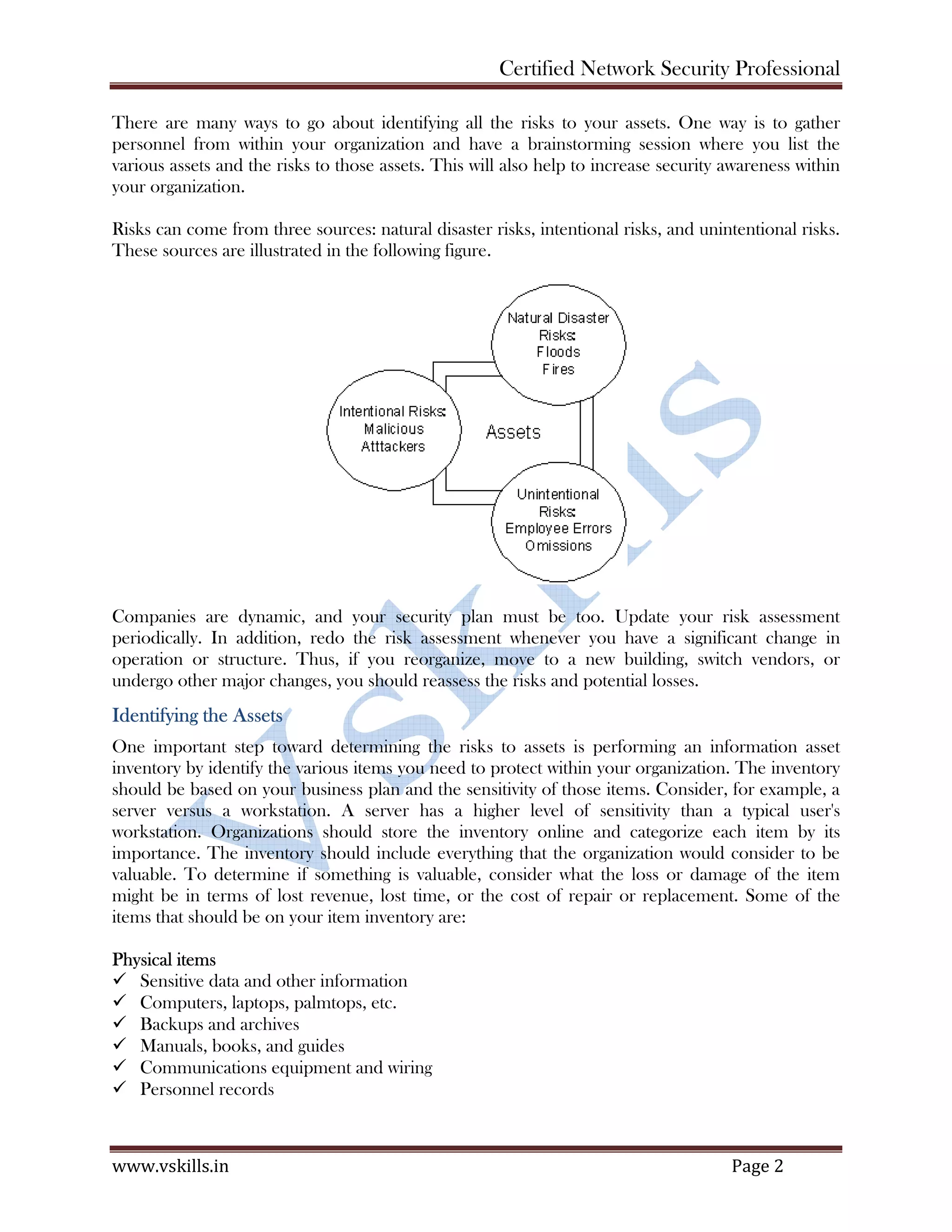 Certified Network Security Professional
www.vskills.in Page 2
There are many ways to go about identifying all the risks to your assets. One way is to gather
personnel from within your organization and have a brainstorming session where you list the
various assets and the risks to those assets. This will also help to increase security awareness within
your organization.
Risks can come from three sources: natural disaster risks, intentional risks, and unintentional risks.
These sources are illustrated in the following figure.
Companies are dynamic, and your security plan must be too. Update your risk assessment
periodically. In addition, redo the risk assessment whenever you have a significant change in
operation or structure. Thus, if you reorganize, move to a new building, switch vendors, or
undergo other major changes, you should reassess the risks and potential losses.
Identifying the Assets
One important step toward determining the risks to assets is performing an information asset
inventory by identify the various items you need to protect within your organization. The inventory
should be based on your business plan and the sensitivity of those items. Consider, for example, a
server versus a workstation. A server has a higher level of sensitivity than a typical user's
workstation. Organizations should store the inventory online and categorize each item by its
importance. The inventory should include everything that the organization would consider to be
valuable. To determine if something is valuable, consider what the loss or damage of the item
might be in terms of lost revenue, lost time, or the cost of repair or replacement. Some of the
items that should be on your item inventory are:
Physical items
Sensitive data and other information
Computers, laptops, palmtops, etc.
Backups and archives
Manuals, books, and guides
Communications equipment and wiring
Personnel records
 