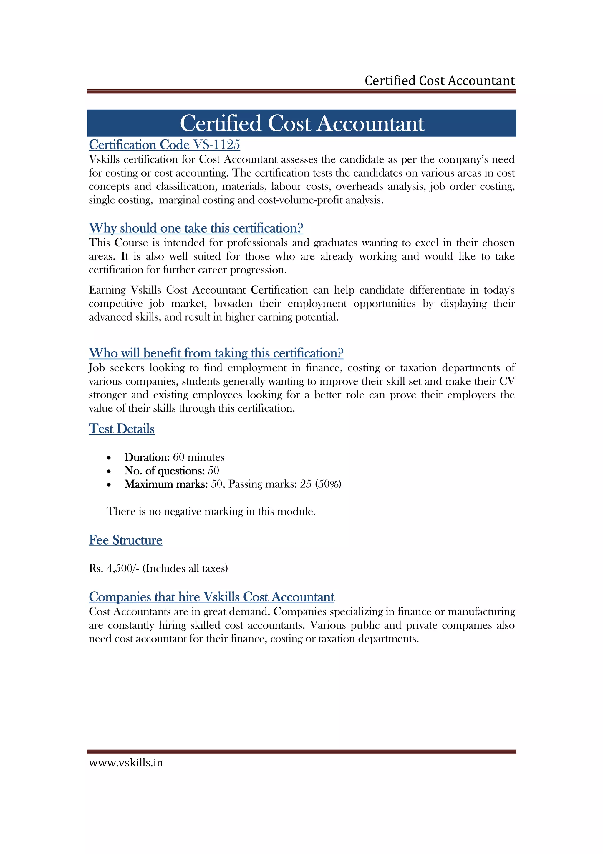 Cost Accountant Certification PDF