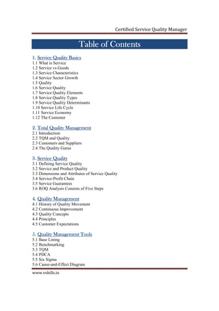 Certified Service Quality Manager
www.vskills.in
Table of ContentTable of ContentTable of ContentTable of Contentssss
1.1.1.1. Service Quality BasicsService Quality BasicsService Quality BasicsService Quality Basics
1.1 What is Service
1.2 Service vs Goods
1.3 Service Characteristics
1.4 Service Sector Growth
1.5 Quality
1.6 Service Quality
1.7 Service Quality Elements
1.8 Service Quality Types
1.9 Service Quality Determinants
1.10 Service Life Cycle
1.11 Service Economy
1.12 The Customer
2.2.2.2. Total Quality ManagementTotal Quality ManagementTotal Quality ManagementTotal Quality Management
2.1 Introduction
2.2 TQM and Quality
2.3 Customers and Suppliers
2.4 The Quality Gurus
3.3.3.3. Service QualityService QualityService QualityService Quality
3.1 Defining Service Quality
3.2 Service and Product Quality
3.3 Dimensions and Attributes of Service Quality
3.4 Service-Profit Chain
3.5 Service Guarantees
3.6 ROQ Analysis Consists of Five Steps
4.4.4.4. Quality ManagementQuality ManagementQuality ManagementQuality Management
4.1 History of Quality Movement
4.2 Continuous Improvement
4.3 Quality Concepts
4.4 Principles
4.5 Customer Expectations
5.5.5.5. Quality Management ToolsQuality Management ToolsQuality Management ToolsQuality Management Tools
5.1 Base Lining
5.2 Benchmarking
5.3 TQM
5.4 PDCA
5.5 Six Sigma
5.6 Cause-and-Effect Diagram
 
