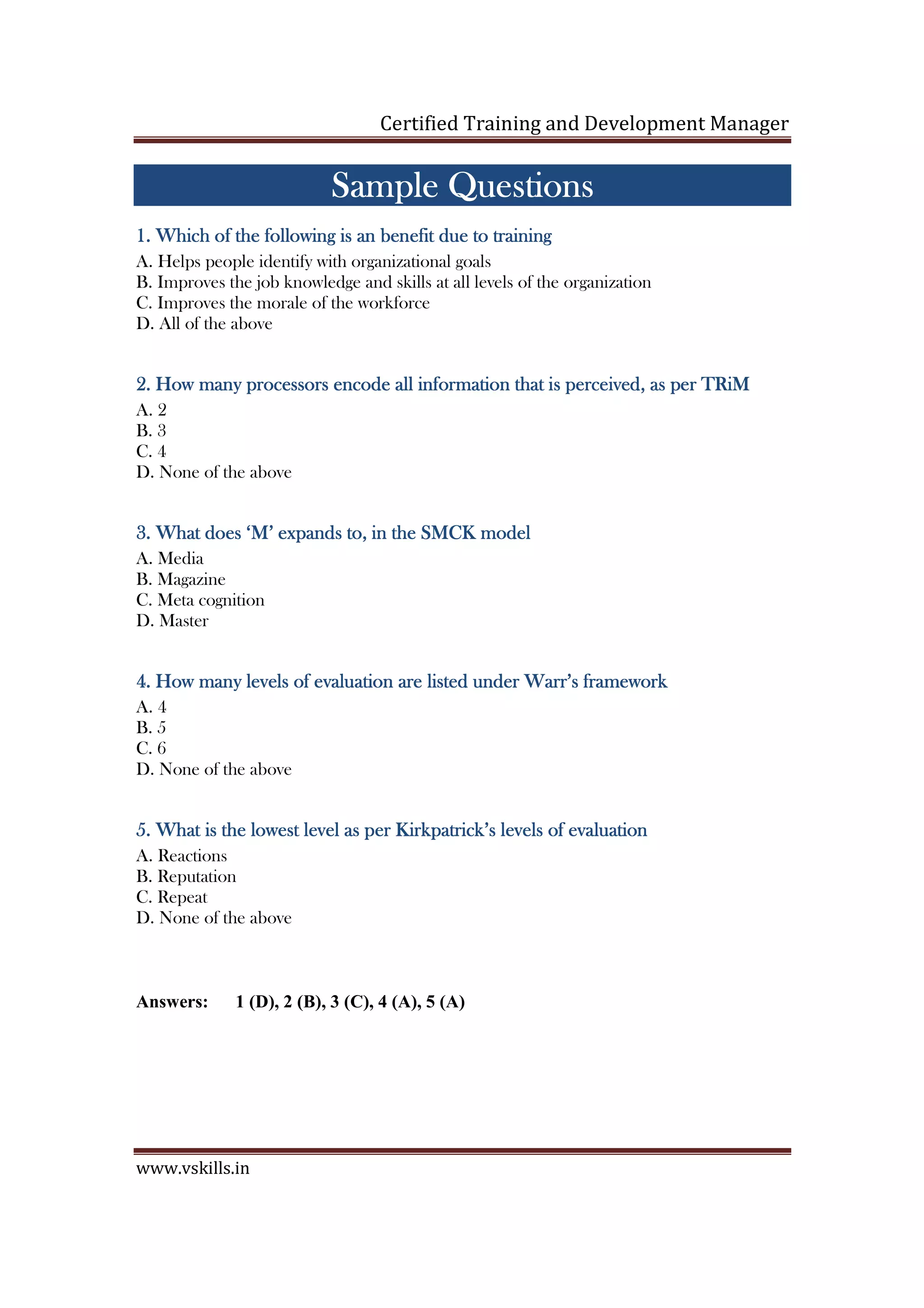 Certified Training and Development Manager
www.vskills.in
Sample QuestionsSample QuestionsSample QuestionsSample Questions
1.1.1.1. Which of the following is an benefit due to trainingWhich of the following is an benefit due to trainingWhich of the following is an benefit due to trainingWhich of the following is an benefit due to training
A. Helps people identify with organizational goals
B. Improves the job knowledge and skills at all levels of the organization
C. Improves the morale of the workforce
D. All of the above
2222.... How many procHow many procHow many procHow many processors encode all information that is perceived, as per TRiMessors encode all information that is perceived, as per TRiMessors encode all information that is perceived, as per TRiMessors encode all information that is perceived, as per TRiM
A. 2
B. 3
C. 4
D. None of the above
3333.... What does ‘M’ expands to, in the SMCK modelWhat does ‘M’ expands to, in the SMCK modelWhat does ‘M’ expands to, in the SMCK modelWhat does ‘M’ expands to, in the SMCK model
A. Media
B. Magazine
C. Meta cognition
D. Master
4444.... How many levels of evaluation are listed under Warr’s framHow many levels of evaluation are listed under Warr’s framHow many levels of evaluation are listed under Warr’s framHow many levels of evaluation are listed under Warr’s frameworkeworkeworkework
A. 4
B. 5
C. 6
D. None of the above
5555.... What is the lowest level as per Kirkpatrick’s levels of evaluationWhat is the lowest level as per Kirkpatrick’s levels of evaluationWhat is the lowest level as per Kirkpatrick’s levels of evaluationWhat is the lowest level as per Kirkpatrick’s levels of evaluation
A. Reactions
B. Reputation
C. Repeat
D. None of the above
Answers: 1 (D), 2 (B), 3 (C), 4 (A), 5 (A)
 