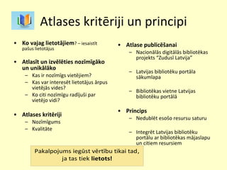 Atlases kritēriji un principi Ko vajag lietotājiem ? – iesaistīt pašus lietotājus Atlasīt un izvēlēties nozīmīgāko un unikālāko Kas ir nozīmīgs vietējiem? Kas var interesēt lietotājus ārpus vietējās vides? Ko citi nozīmīgu radījuši par vietējo vidi? Atlases kritēriji Nozīmīgums Kvalitāte Atlase publicēšanai Nacionālās digitālās bibliotēkas projekts “Zudusī Latvija” Latvijas bibliotēku portāla sākumlapa Bibliotēkas vietne Latvijas bibliotēku portālā Princips Nedublēt esošo resursu saturu Integrēt Latvijas bibliotēku portālu ar bibliotēkas mājaslapu un citiem resursiem 