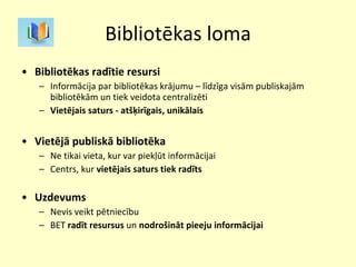 Bibliotēkas loma Bibliotēkas radītie resursi Informācija par bibliotēkas krājumu – līdzīga visām publiskajām bibliotēkām un tiek veidota centralizēti Vietējais saturs - atšķirīgais, unikālais Vietējā publiskā bibliotēka Ne tikai vieta, kur var piekļūt informācijai Centrs, kur  vietējais saturs tiek radīts Uzdevums Nevis veikt pētniecību BET  radīt resursus  un  nodrošināt pieeju informācijai   