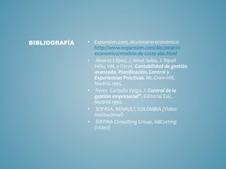 • Expansion.com, diccionario económico 
http://www.expansion.com/diccionario-economico/ 
modelo-de-coste-abc.html 
• Álvarez López, J, Amat Salas, J. Ripoll 
Feliu, VM. y Otros. Contabilidad de gestión 
avanzada. Planificación, Control y 
Experiencias Prácticas. Mc.Graw-Hill, 
Madrid.1995. 
• Perez -Carballo Veiga, J. Control de la 
gestión empresarial”. Editorial Esic. 
Madrid.1990. 
• SOFASA, RENAULT, COLOMBIA (Video 
institucional) 
• SIXTINA Consulting Group, ABCosting 
(video) 
BIBLIOGRAFÍA 
