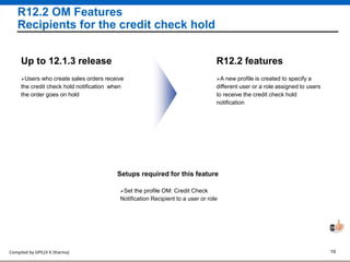 Compiled by GPIL(V K Sharma) 19
R12.2 OM Features
Recipients for the credit check hold
A new profile is created to specify a
different user or a role assigned to users
to receive the credit check hold
notification
R12.2 features
Users who create sales orders receive
the credit check hold notification when
the order goes on hold
Up to 12.1.3 release
Setups required for this feature
Set the profile OM: Credit Check
Notification Recipient to a user or role
 