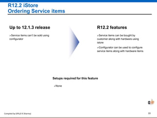Compiled by GPIL(V K Sharma) 33
R12.2 iStore
Ordering Service items
Service items can be bought by
customer along with hardware using
istore
Configurator can be used to configure
service items along with hardware items
R12.2 features
Service items can’t be sold using
configurator
Up to 12.1.3 release
Setups required for this feature
None
 