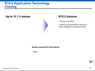 Compiled by GPIL(V K Sharma) 43
R12.2 Application Technology
Cloning
Cloning is simplified.
R12.2 featuresUp to 12.1.3 release
Setups required for this feature
None
Support is now provided for cloning the
fusion middleware components of Ebiz
 