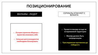 • ФИЛЬМЫ - ЛИДЕР
ПОЗИЦИОНИРОВАНИЕ
o Лучшая стратегия обороны –
мужество атаковать себя
o Сильные шаги конкурентов
необходимо блокировать
СЕРИАЛЫ АТАКУЮТ С
ФЛАНГА
o Провести маневр на еще не
оспариваемой территории
o Маневр должен быть
непредсказуем
o Преследование противника до
победного
 