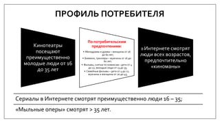 Кинотеатры
посещают
преимущественно
молодые люди от 16
до 35 лет
По потребительским
предпочтениям:
• Мелодрамы и драмы – женщины от 16
до 60 лет;
• Боевики, триллеры – мужчины от 16 до
60 лет;
• Фильмы, снятые по комиксам – дети от 4
до 12, молодые люди от 13 до 35;
• Семейные фильмы – дети от 4 до 12,
мужчины и женщины от 20 до 45;
В Интернете смотрят
люди всех возрастов,
предпочтительно
«киноманы»
ПРОФИЛЬ ПОТРЕБИТЕЛЯ
Сериалы в Интернете смотрят преимущественно люди 16 – 35;
«Мыльные оперы» смотрят > 35 лет.
 