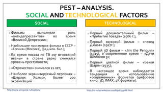 o Фильмы выполняли роль
«антидепрессантов» во время
«Великой Депрессии»;
o Наибольшее просмотров фильма в СССР –
«Есения» (Мексика), (91,4 млн. бил.);
o Во время показа по ТВ «17 мгновений
весны» в стране резко снижался
уровень преступности;
o «Отрочество» снимался 11 лет;
o Наиболее экранизируемый персонаж –
«Шерлок Холмс», более 200
экранизаций
PEST – ANALYSIS.
SOCIAL ANDTECHNOLOGICAL FACTORS
SOCIAL TECHNOLOGICAL
o Первый документальный фильм –
«Прибытие поезда» (1986 г.);
o Первый звуковой фильм – «певец
Джаза» (1927г.);
o Первый 3D фильм – «Jim the Penguin»
(1915), в современное время – «Дети
Шпионов 3»;
o Первый цветной фильм – «Бекки
Шарп» (1935);
o В настоящее время наблюдается
тенденция к использованию
«современных» форматов (цифровое
кино, 3D, IMAX, 4K форматы).
http://ria.ru/spravka/20121228/916333068.htmlhttp://www.kinopoisk.ru/top/lists/
 