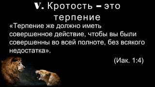 V. Кротость – это терпение
«Терпение же должно иметь
совершенное действие, чтобы вы были
совершенны во всей полноте, без всякого
недостатка».
(Иак. 1:4)
 