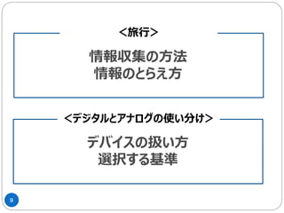 9
＜旅行＞
＜デジタルとアナログの使い分け＞
情報収集の方法
情報のとらえ方
デバイスの扱い方
選択する基準
 
