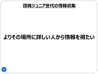 20
旅行先に住んでいる、現地の人から
情報収集する
団塊ジュニア世代の情報収集
 