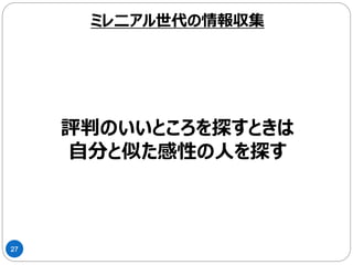 27
Instagramは１つの情報サイト
ミレ二アル世代の情報収集
 