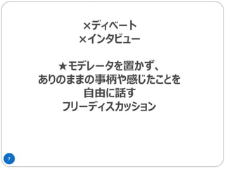7
×ディベート
×インタビュー
★モデレータを置かず、
ありのままの事柄や感じたことを
自由に話す
フリーディスカッション
 