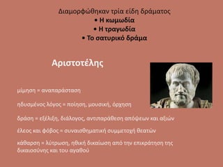 Διαμορφώθηκαν τρία είδη δράματος
• Η κωμωδία
• Η τραγωδία
• Το σατυρικό δράμα
μίμηση = αναπαράσταση
ηδυσμένος λόγος = ποίηση, μουσική, όρχηση
δράση = εξέλιξη, διάλογος, αντιπαράθεση απόψεων και αξιών
έλεος και φόβος = συναισθηματική συμμετοχή θεατών
κάθαρση = λύτρωση, ηθική δικαίωση από την επικράτηση της
δικαιοσύνης και του αγαθού
Αριστοτέλης
 