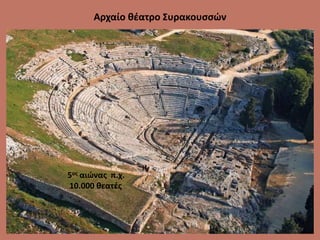 Αρχαίο θέατρο Συρακουσσών
5ος αιώνας π.χ.
10.000 άτομα
5ος αιώνας π.χ.
10.000 θεατές
 