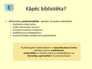 Kāpēc bibliotēka? Bibliotekāru  profesionalitāte  - pamats, lai varētu nodrošināt kvalitatīvu vietējo saturu veidot interesantus resursus izmantot inovatīvus risinājumus piedāvāt jaunus pakalpojumus iesaistīt lietotājus vietējā satura papildināšanā 
